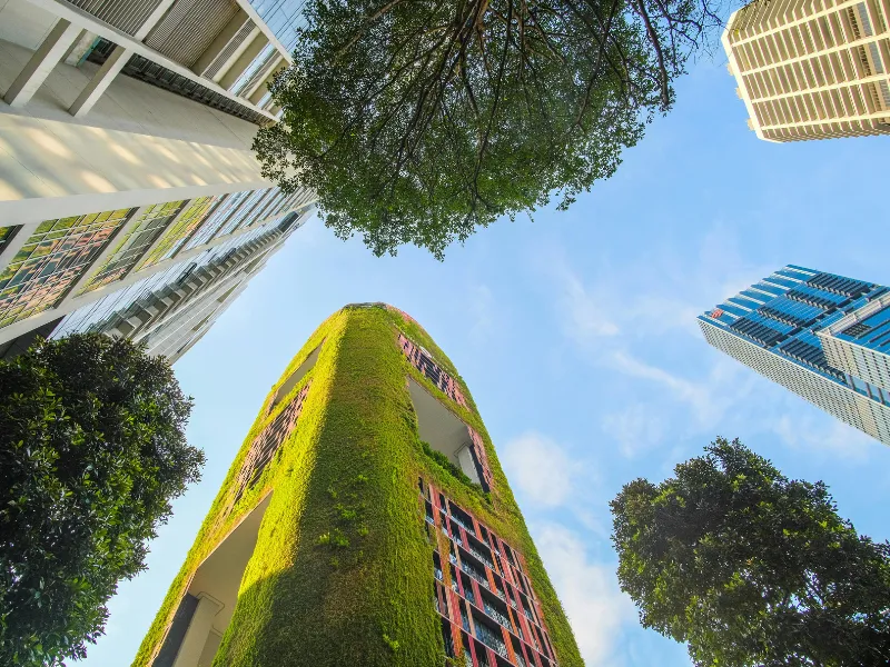 Grattacieli visti dal basso con al centro un edificio ricoperto di vegetazione e alberi intorno, sotto un cielo azzurro.